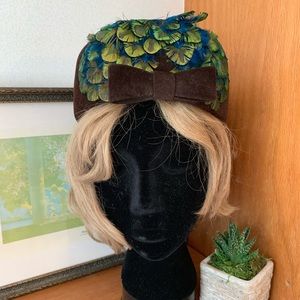 Vintage Brown Velvet and Peacock Feather Hat